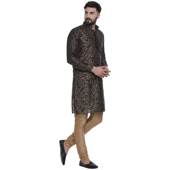 Veera Paridhaan Men's Ethnic Black Jacquard Printed  Long  Straight Kurta