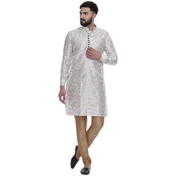 Veera Paridhaan Men's Ethnic White Jacquard Printed  Long  Straight Kurta