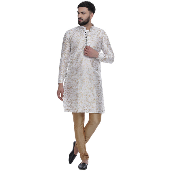 Veera Paridhaan Men's Ethnic White Jacquard Printed  Long  Straight Kurta