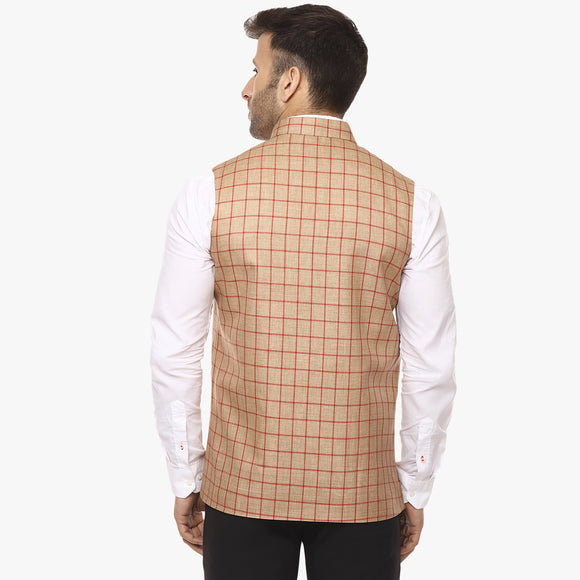 Veera Paridhaan Checkered Chinese Collar Sleeveless Cotton jute Nehru Jacket