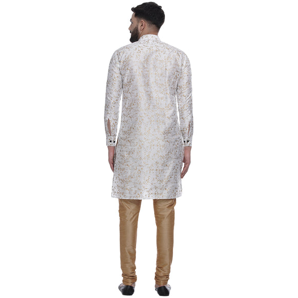 Veera Paridhaan Men's Ethnic White Jacquard Printed  Long  Straight Kurta