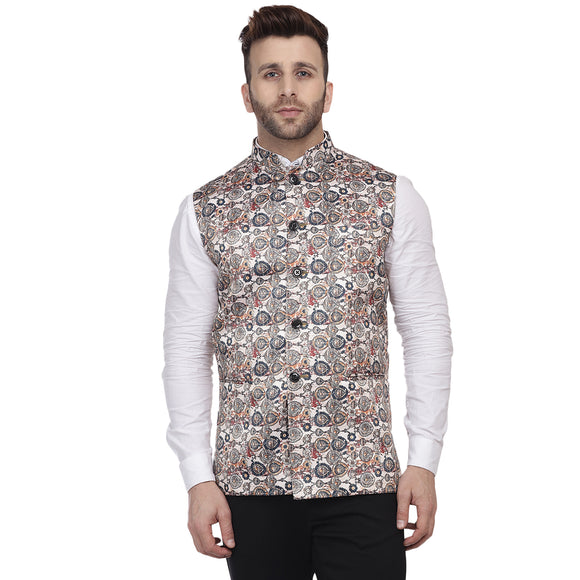 Veera Paridhaan Multi Print Pure cotton knitted Blue Nehru Jacket