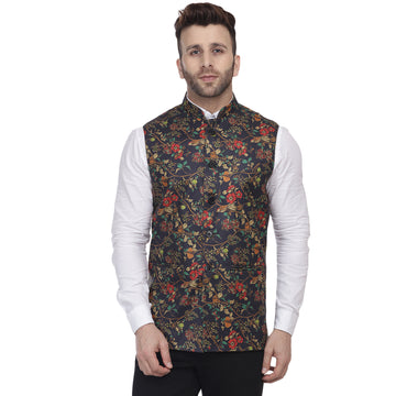 Veera Paridhaan Jute Multi Print Blue Nehru Jacket