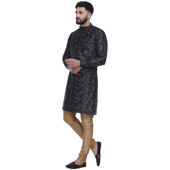 Veera Paridhaan Men's Ethnic Blue Jacquard Printed  Long  Straight Kurta