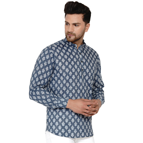 Veera Paridhaan Men's Cotton Sanganeri Printed Full Sleeve Short kurta