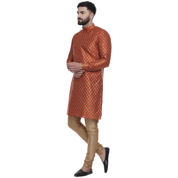 Veera Paridhaan Men's Ethnic Orange Jacquard Printed  Long  Straight Kurta