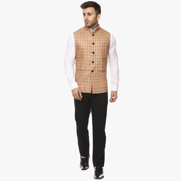 Veera Paridhaan Checkered Chinese Collar Sleeveless Cotton jute Nehru Jacket