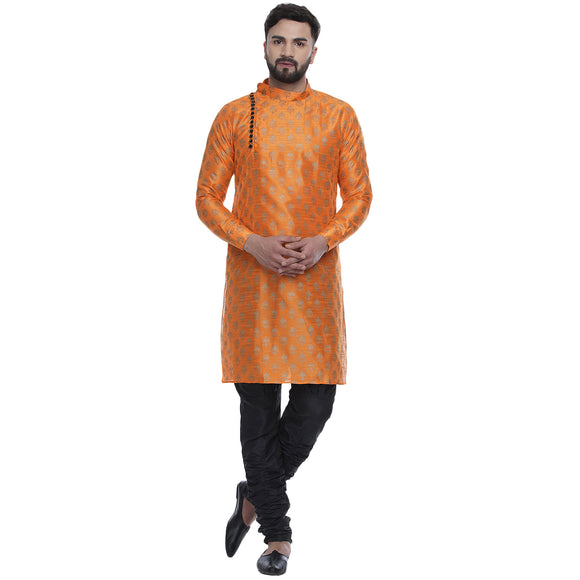 Veera Paridhaan Men's Ethnic Orange Jacquard Printed  Long  Straight Kurta