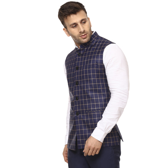 Veera Paridhaan Checkered Chinese Collar Sleeveless Cotton Poly  Nehru Jacket