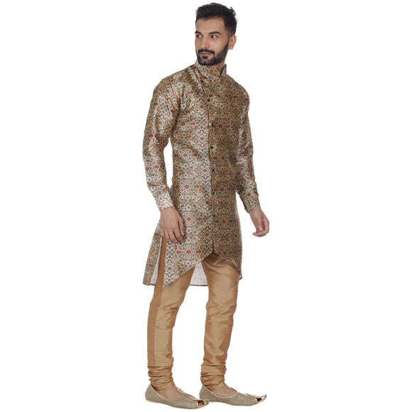 Veera Paridhaan Men's  Brown Printed Zig Zag Long Silk Kurta and Golden Silk Payjama