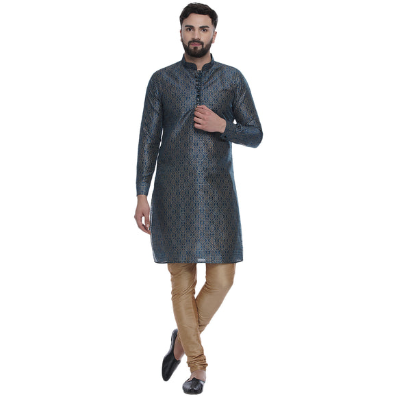 Veera Paridhaan Men's Ethnic Blue Jacquard Printed  Long  Straight Kurta