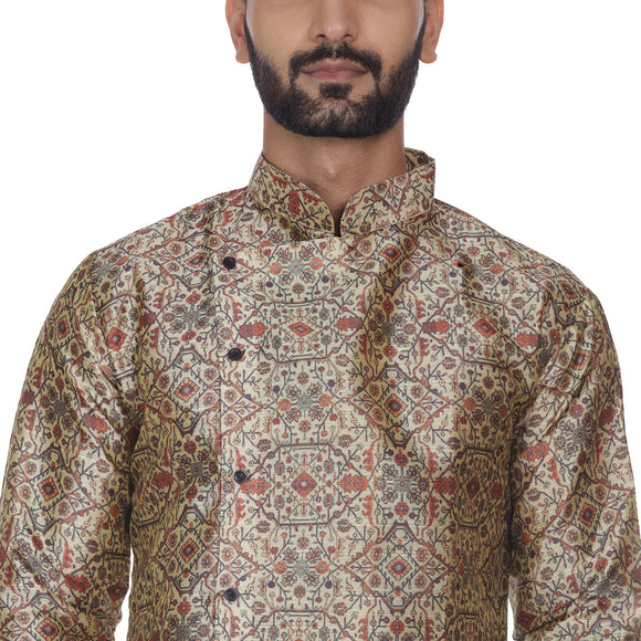 Veera Paridhaan Men's  Brown Printed Zig Zag Long Silk Kurta and Golden Silk Payjama