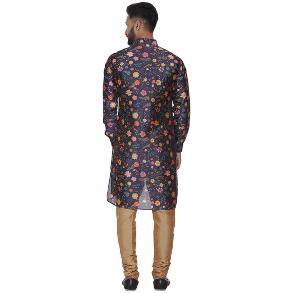 Veera Paridhaan Men's Blue Multi Print Zig Zag Long Silk Kurta and Golden Silk Payjama