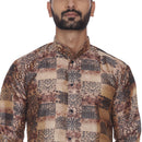 Veera Paridhaan Men's  Brown Printed Sherwani Style Long Silk Kurta and Golden Silk Payjama-5