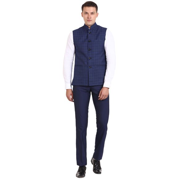 Veera Paridhaan Blue Checkered CottonPoly Nehru Jacket