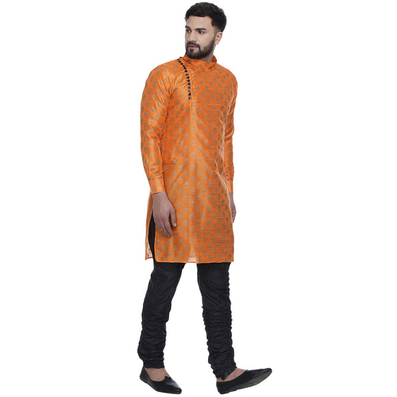 Veera Paridhaan Men's Ethnic Orange Jacquard Printed  Long  Straight Kurta
