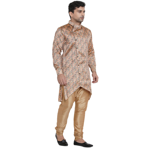 Veera Paridhaan Men's Ethnic  Beige Jacquard Multi print Side Button Long  Asymmetric  Kurta