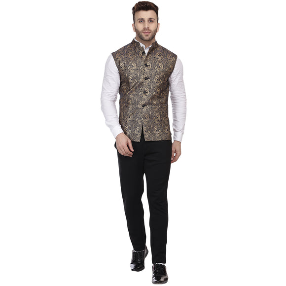 Veera Paridhaan Banarasi Jacquard Print Black Nehru Jacket