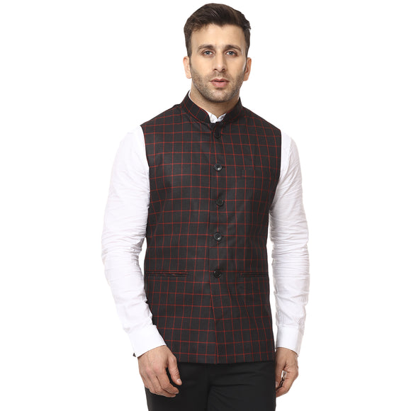 Veera Paridhaan Checkered Chinese Collar Sleeveless Cotton jute Nehru Jacket