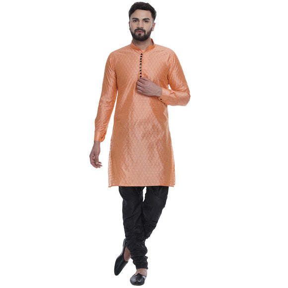 Veera Paridhaan Men's Ethnic Peach Jacquard Printed  Long  Straight Kurta