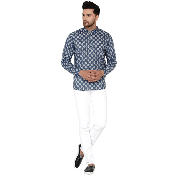 Veera Paridhaan Men's Cotton Sanganeri Printed Full Sleeve Short kurta