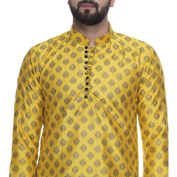 Veera Paridhaan Men's Ethnic Yellow Jacquard Printed  Long  Straight Kurta