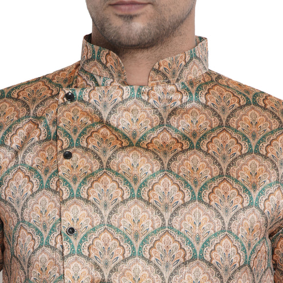 Veera Paridhaan Men's Ethnic  Beige Jacquard Multi print Side Button Long  Asymmetric  Kurta