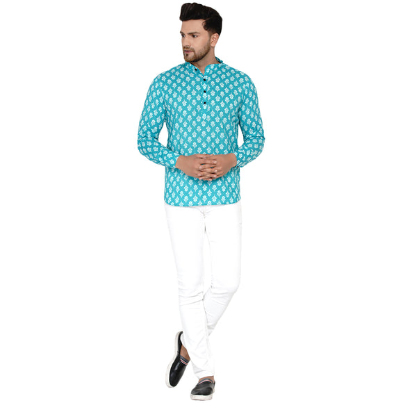 Veera Paridhaan Men's Cotton Sanganeri Printed Full Sleeve Short kurta