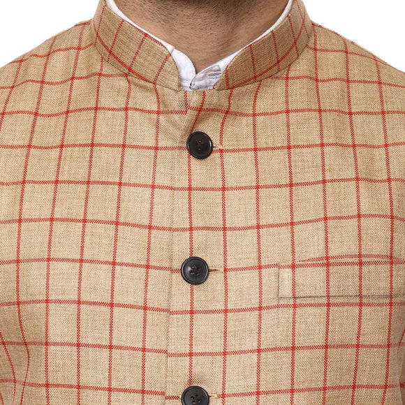 Veera Paridhaan Checkered Chinese Collar Sleeveless Cotton jute Nehru Jacket