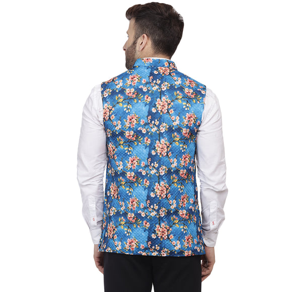 Veera Paridhaan Multi Print Pure cotton knitted Blue Nehru Jacket