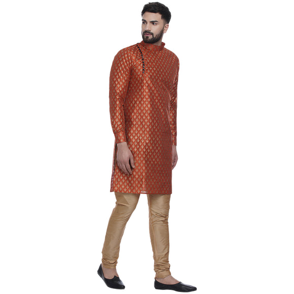 Veera Paridhaan Men's Ethnic Orange Jacquard Printed  Long  Straight Kurta
