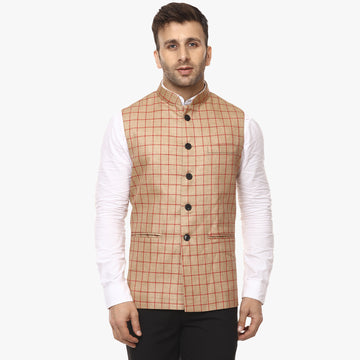 Veera Paridhaan Checkered Chinese Collar Sleeveless Cotton jute Nehru Jacket