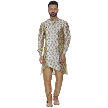 Veera Paridhaan Men's  Beige Printed Zig Zag Long Silk Kurta