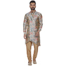 Veera Paridhaan Men's  Beige Printed Zig Zag Long Silk Kurta and Golden Silk Payjama-1