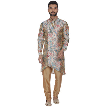 Veera Paridhaan Men's  Beige Printed Zig Zag Long Silk Kurta and Golden Silk Payjama