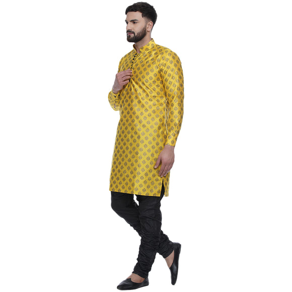 Veera Paridhaan Men's Ethnic Yellow Jacquard Printed  Long  Straight Kurta
