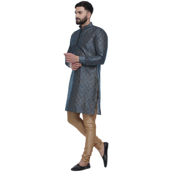 Veera Paridhaan Men's Ethnic Blue Jacquard Printed  Long  Straight Kurta