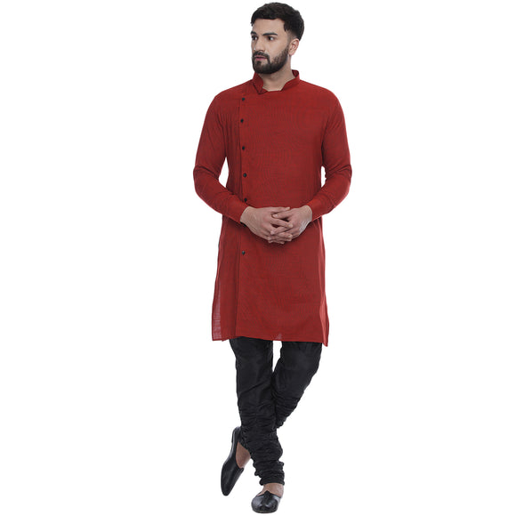 Veera Paridhaan Men's Ethnic Red Rayon Side Button Long  Straight Kurta