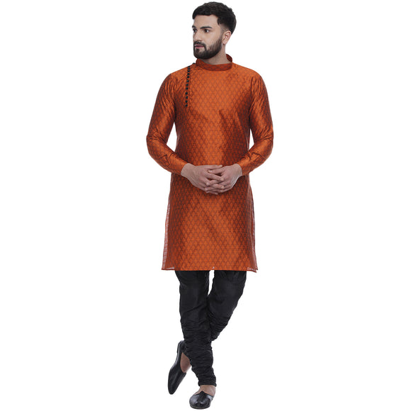 Veera Paridhaan Men's Ethnic Orange Jacquard Printed  Long  Straight Kurta