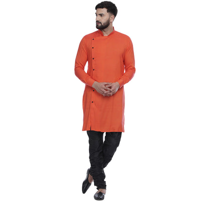 Veera Paridhaan Men's Ethnic Orange Rayon Side Button Long  Straight Kurta