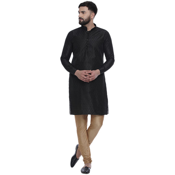 Veera Paridhaan Men's Ethnic Black Jacquard Printed  Long  Straight Kurta