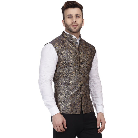 Veera Paridhaan Banarasi Jacquard Print Black Nehru Jacket