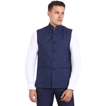 Veera Paridhaan Blue Checkered CottonPoly Nehru Jacket