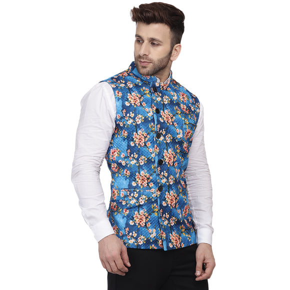 Veera Paridhaan Multi Print Pure cotton knitted Blue Nehru Jacket