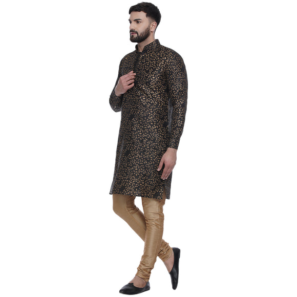 Veera Paridhaan Men's Ethnic Black Jacquard Printed  Long  Straight Kurta