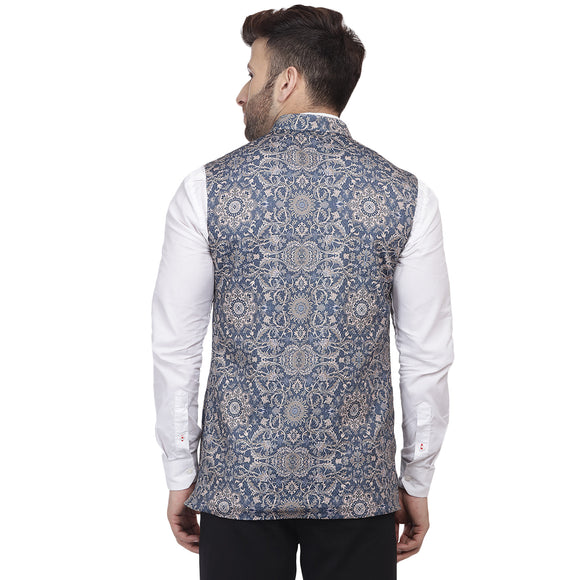 Veera Paridhaan Multi Print Pure cotton knitted Blue Nehru Jacket
