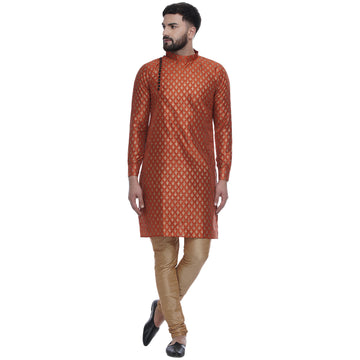 Veera Paridhaan Men's Ethnic Orange Jacquard Printed  Long  Straight Kurta