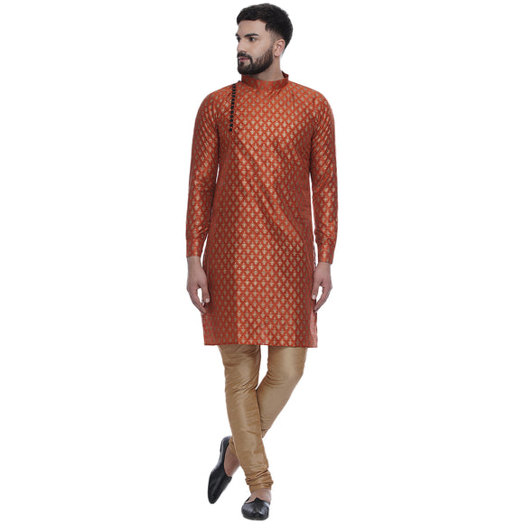 Veera Paridhaan Men's Ethnic Orange Jacquard Printed  Long  Straight Kurta