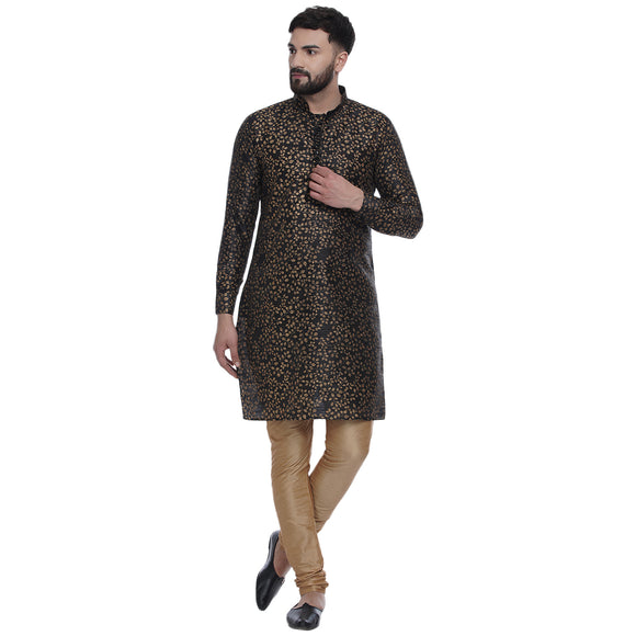 Veera Paridhaan Men's Ethnic Black Jacquard Printed  Long  Straight Kurta