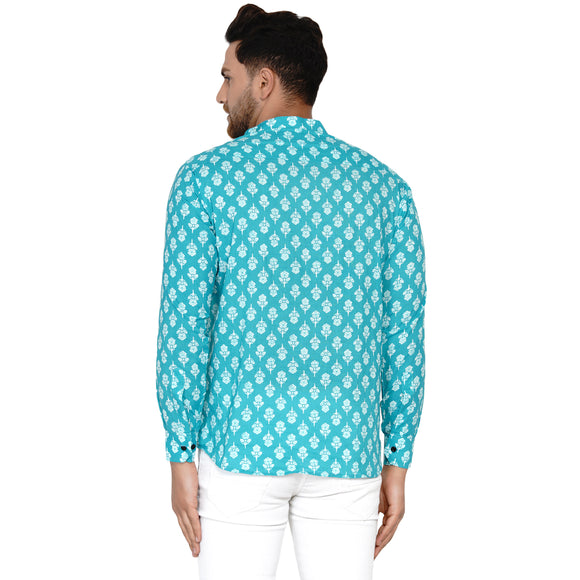 Veera Paridhaan Men's Cotton Sanganeri Printed Full Sleeve Short kurta
